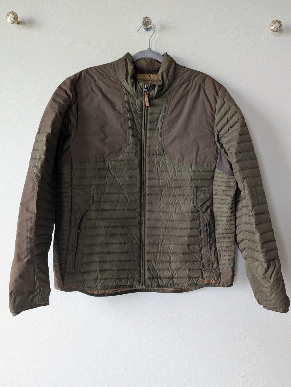 Eddie Bauer Quilted Puffer Jacket Olive Green Brown 80% Goose Down Nylon Size L